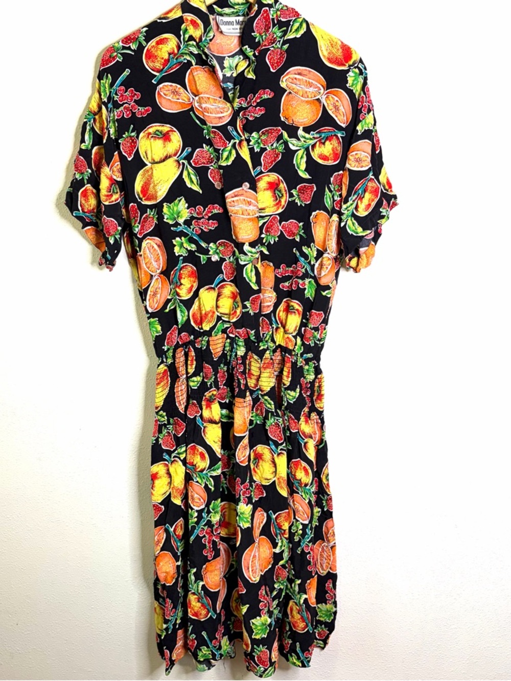 Vintage 80s 90s Donna Morgan Black Midi shirt Dress colorful Fruit Print L XL - Picture 2 of 7